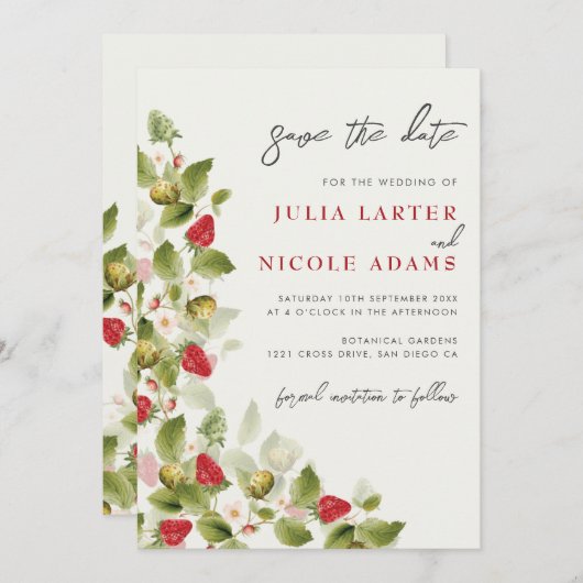 Rode zoete wilde aardbeien bloemen bruiloft save the date (Voorkant / Achterkant)