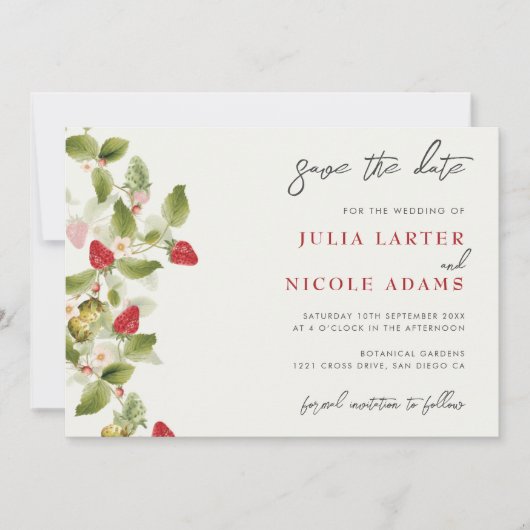 Rode zoete wilde aardbeien bloemen bruiloft save the date (Voorkant)