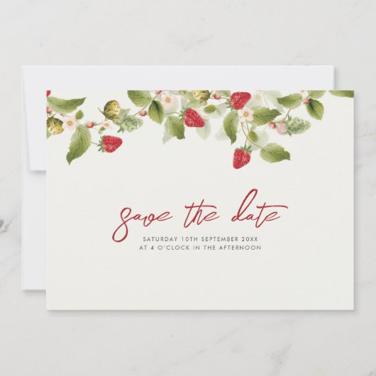 Rode zoete wilde aardbeien bloemen bruiloft save the date (Achterkant)