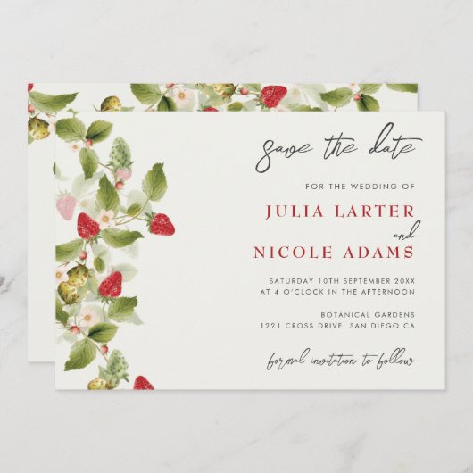 Rode zoete wilde aardbeien bloemen bruiloft save the date (Voorkant / Achterkant)