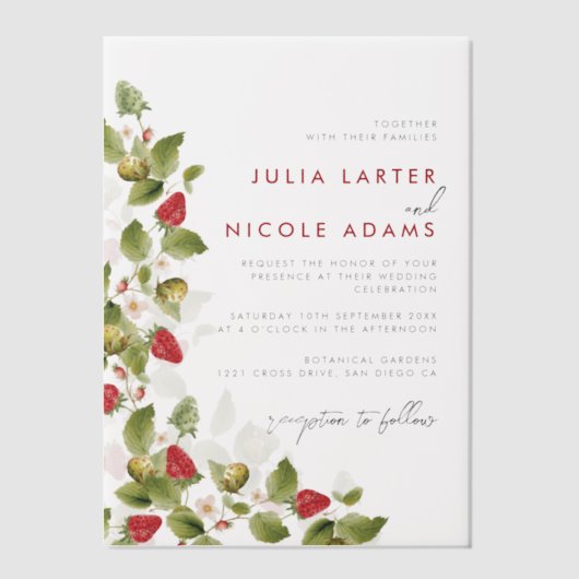 Rode zoete wilde aardbeien bloemen bruiloft vellum uitnodigingen (Voorkant)