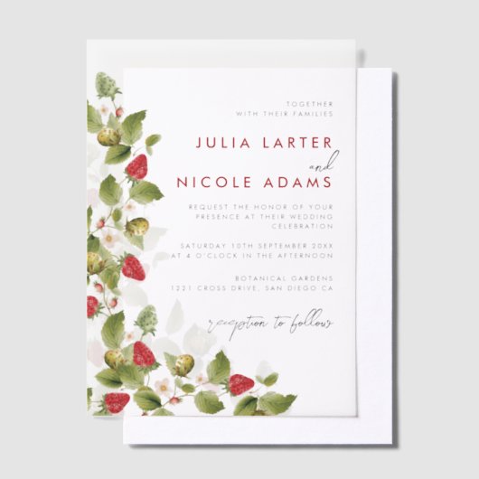 Rode zoete wilde aardbeien bloemen bruiloft vellum uitnodigingen (Offset)