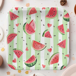 Rode Zomer Watermeloen Fruit Thema Schattige Meisj Papieren Bordje