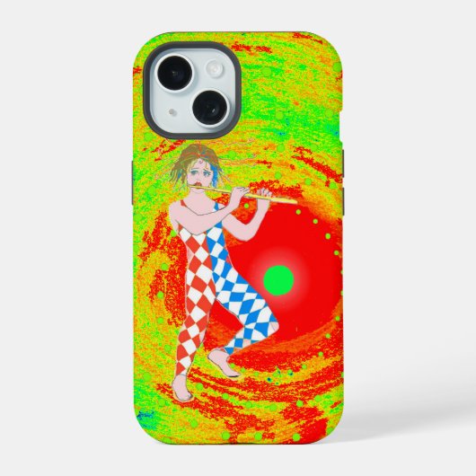 Rode zon en een nar kunst iPhone 15 case (Achterkant)