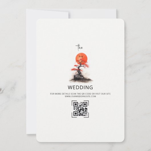 Rode zon en oude sakura bruiloft kaart (Achterkant)