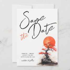 Rode Zon en Oude Sakura Trouwen Bewaar de Datum Save The Date