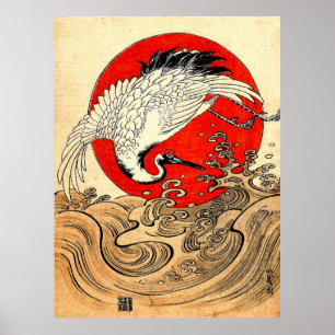 RODE ZON, JAPANSE VLIEGENDE KRAAN EN ZEE GOLVEN POSTER