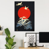 RODE ZON, JAPANSE VLIEGENDE KRANEN, ZEEEN GOLVEN I POSTER (Thuiskantoor)