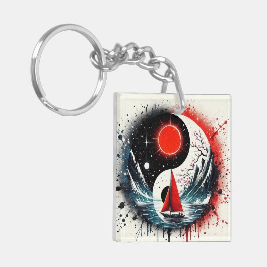 Rode zon op het meer sleutelhanger (Voorkant Links)