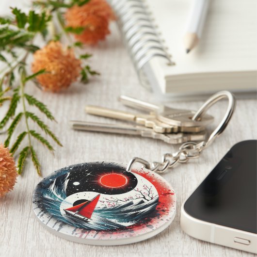 Rode zon op het meer sleutelhanger (Voorkant Rechts)