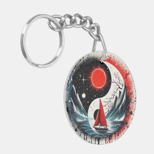 Rode zon op het meer sleutelhanger (Voorkant Links)