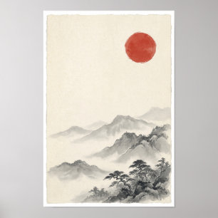 Rode Zon Over Nevelige Bergen Poster Japanse Min