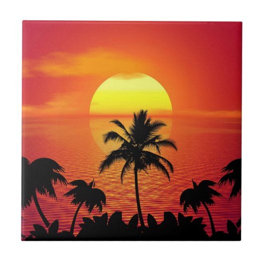 Rode Zon Tropisch Palmstrand Tegeltje (Voorkant)