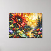 Rode zonnebloem in vallei bij stroom canvas afdruk (Voorkant)