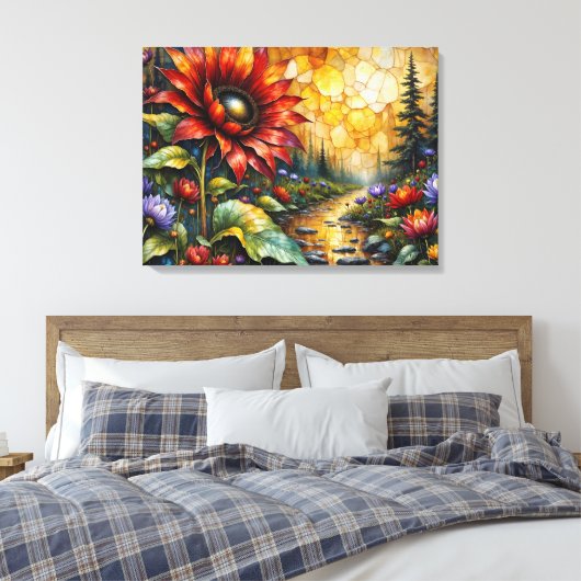 Rode zonnebloem in vallei bij stroom canvas afdruk (Insitu (Slaapkamer))