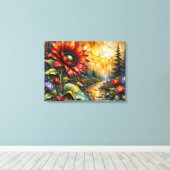Rode zonnebloem in vallei bij stroom canvas afdruk (Insitu (Houten vloer))