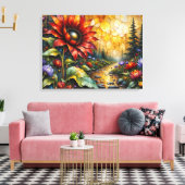 Rode zonnebloem in vallei bij stroom canvas afdruk (Insitu (Woonkamer))