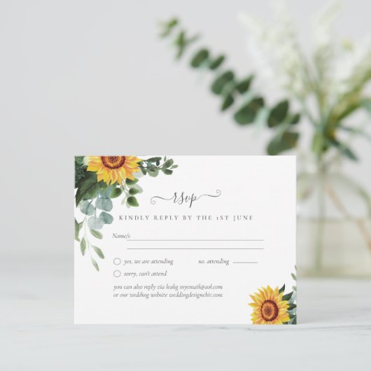 Rode Zonnebloemen Eucalyptus Bladeren Bruiloft Briefkaart (Staand voorkant)