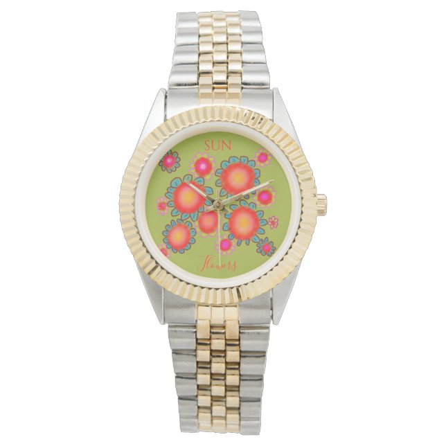 Rode zonnebloemen groene grafische afbeelding horloge (Voorkant)