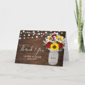 Rode Zonnebloemen Rozen Lichtslingers Foto Bruilof Bedankkaart (Voorkant)