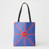 Rode zonnestralen op blauw tote bag (Voorkant)