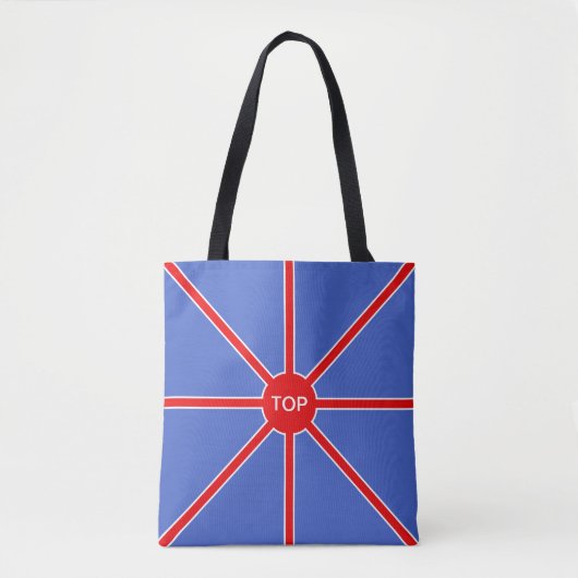 Rode zonnestralen op blauw tote bag (Voorkant)