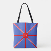 Rode zonnestralen op blauw tote bag (Achterkant)