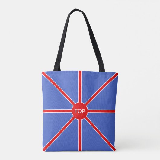 Rode zonnestralen op blauw tote bag (Achterkant)