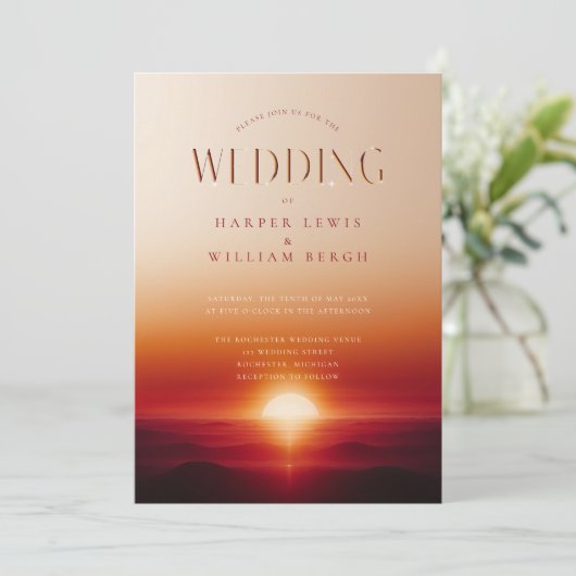 Rode zonsondergang bruiloft kaart (Staand voorkant)