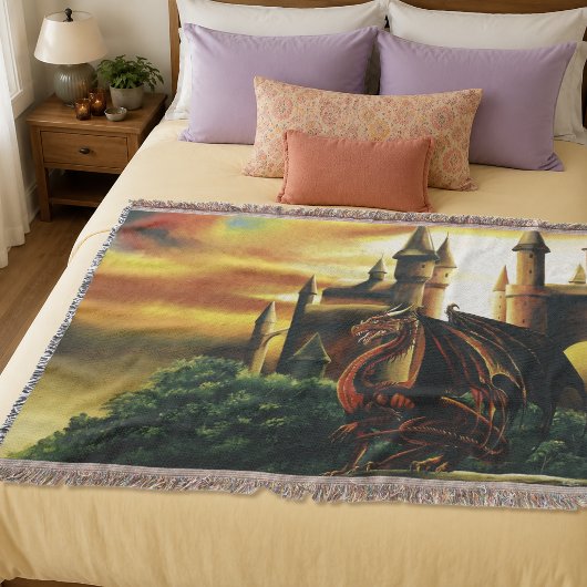 Rode Zonsondergang Kasteel Draak Fantasie Deken