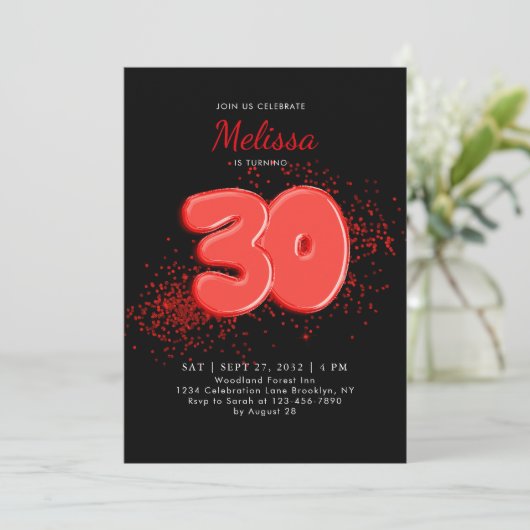 Rode zwarte 30e ballonnen Confetti Volwassen Verja Kaart (Staand voorkant)