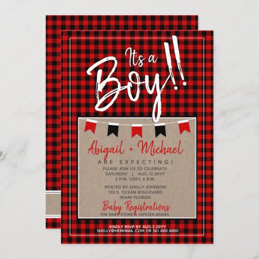 Rode + Zwarte Baby Jongen Geruite Houthakkers Baby Kaart (Voorkant / Achterkant)