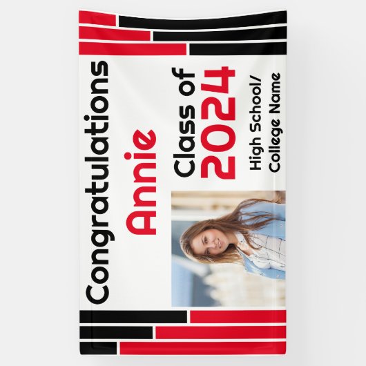 Rode & Zwarte Bars Één Foto Afstuderen Spandoek (Verticaal)