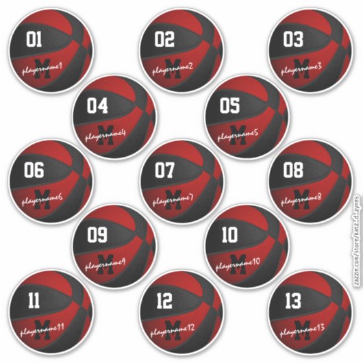 rode zwarte basketbal op maat 13 spelers sticker (Voorkant)