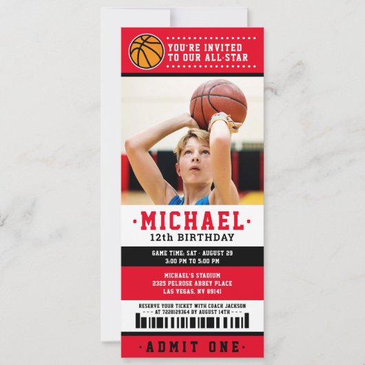 Rode zwarte Basketball Ticket Birthday Foto Kaart (Voorkant)