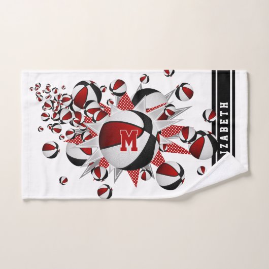rode zwarte basketballen sterren meisjes monogram handdoek (Handdoek)
