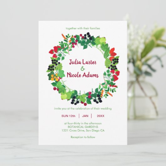 Rode zwarte bessen fruit bloemen botanische bruilo kaart (Staand voorkant)