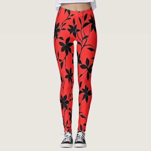 Rode zwarte bloemen leggings (Voorkant)