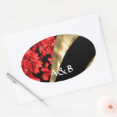 Rode & zwarte bloemendamast ovale sticker (Envelop)