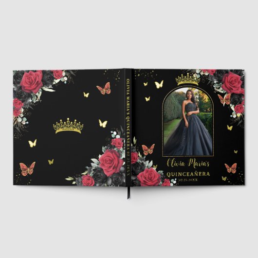 Rode zwarte bloemvlinders Quinceañera Afbeelding Gastenboek (Volledig)