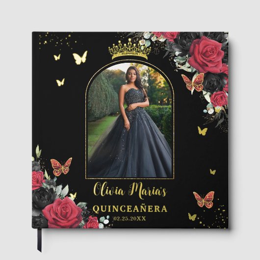 Rode zwarte bloemvlinders Quinceañera Afbeelding Gastenboek (Voorkant)