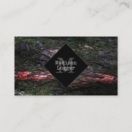 Rode zwarte boomschors Logger Monogram Visitekaartje (Voorkant)