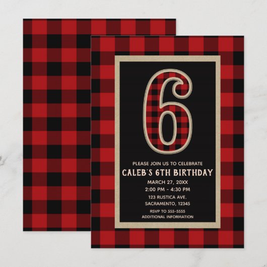 Rode Zwarte Buffalo Plaid 6e Verjaardagsfeestje Kaart (Voorkant / Achterkant)
