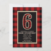 Rode Zwarte Buffalo Plaid 6e Verjaardagsfeestje Kaart (Voorkant)
