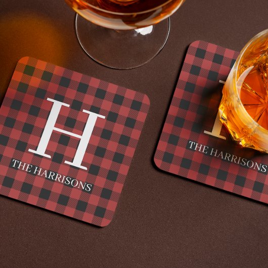 Rode Zwarte Buffalo Plaid Monogram Vakantie Bier Onderzetter