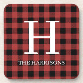 Rode Zwarte Buffalo Plaid Monogram Vakantie Bier Onderzetter (Voorkant)