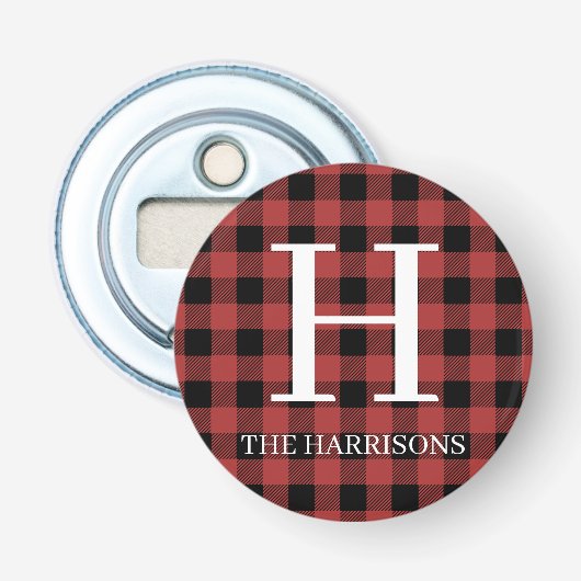 Rode Zwarte Buffalo Plaid Monogram Vakantie Button Flesopener (Voorkant)