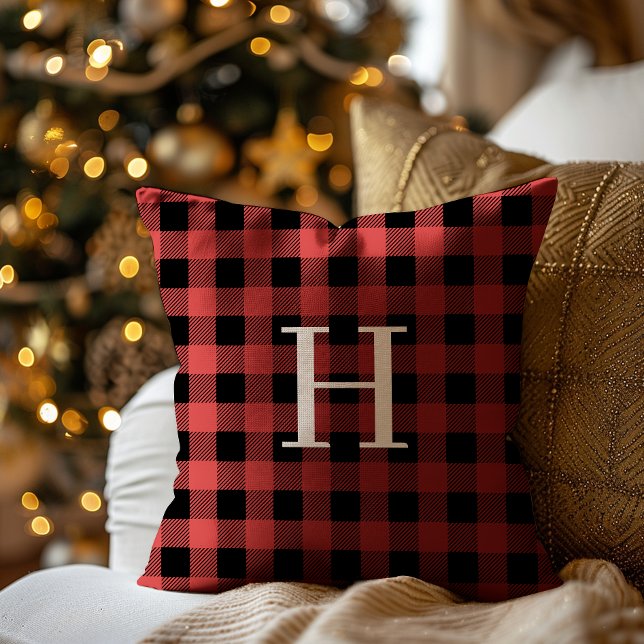 Rode Zwarte Buffalo Plaid Monogram Vakantie Kussen (Creator heeft geüpload)