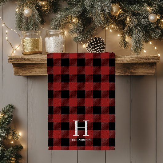 Rode Zwarte Buffalo Plaid Monogram Vakantie Theedoek