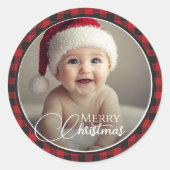 Rode & Zwarte Buffalo Plaid Vrolijke Kerstfoto Ronde Sticker (Voorkant)